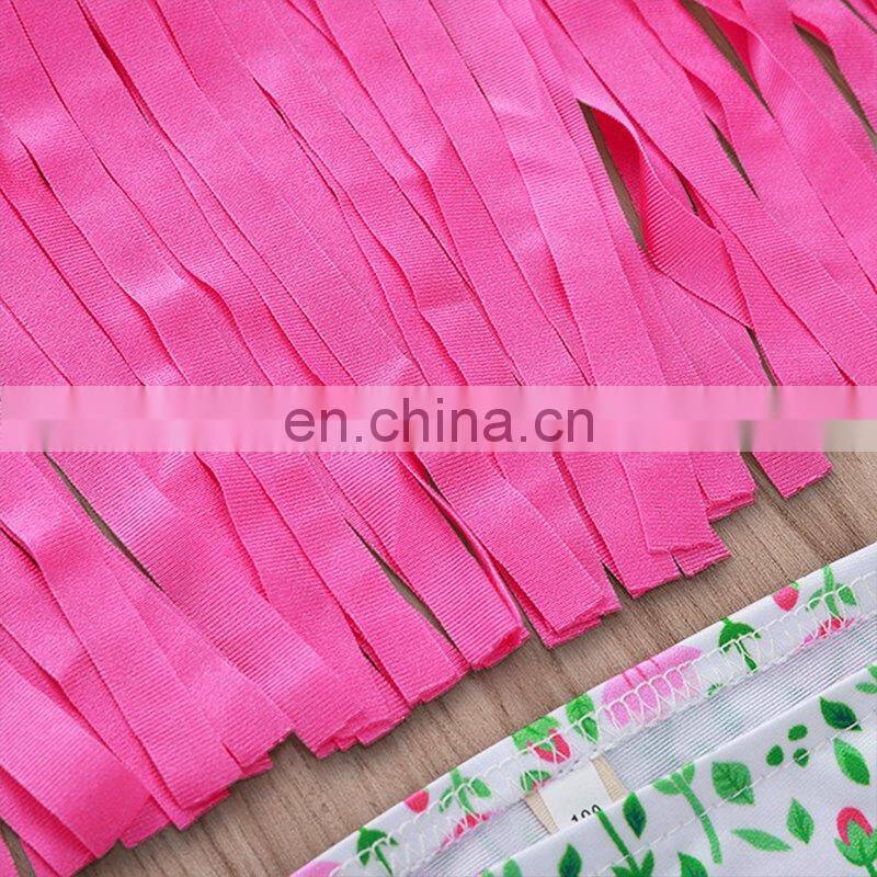 2019 Summer girls pink tassel bikini set kids fringe swimwear with floral shorts 2pc set