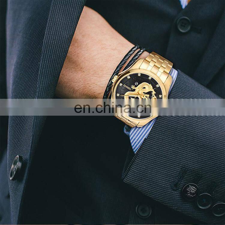 CHENXI 8220 Luxury Diamond Gold Men Watch Quartz Dragon Stainless Steel Analog Display Date Watches