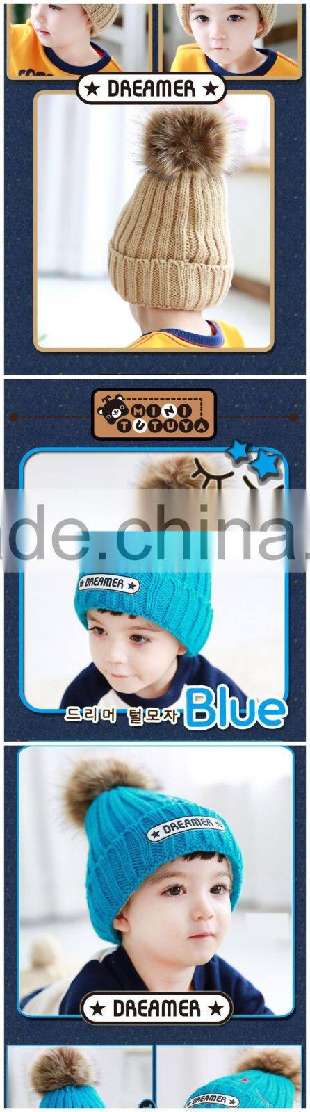 2015 Winter Latest DREAMER and Small Stars Embroidery Faux Fur Pom Pom Knitting Baby Kids Hat and Cap