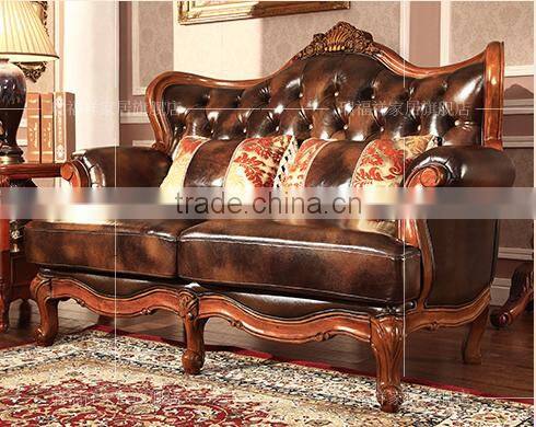 American antique style genuine leather solid wood sofa set design for living room furniture N-253