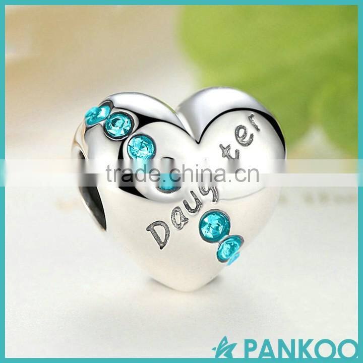 New Blue Crystals 925 Sterling Silver Daughter Heart Charms for Bracelet Jewelry Making Family Gift