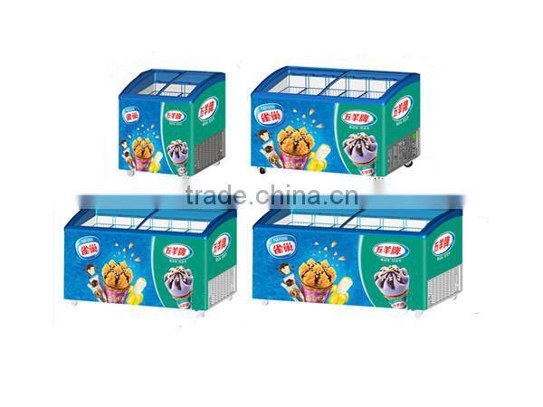 Curved chest showcase sliding double glass door ice cream freezer