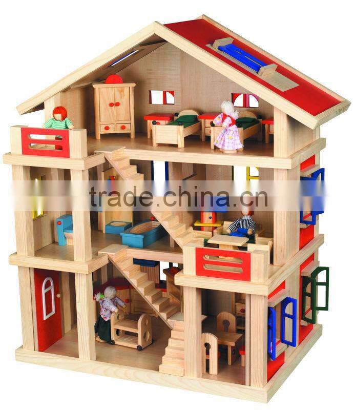 high quality hot sale wooden toys colorful doll house with furniture