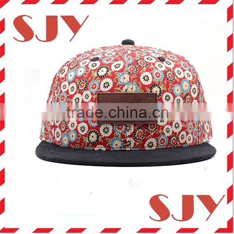 Custom leather patch flat brim sanpabck floral print baseball cap