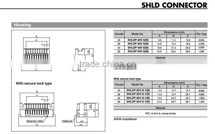 1.0mm pitch electronic wire to board connector SHLD series JST 30 pin connector SHLDP-30V-S-1(B) housing dual row