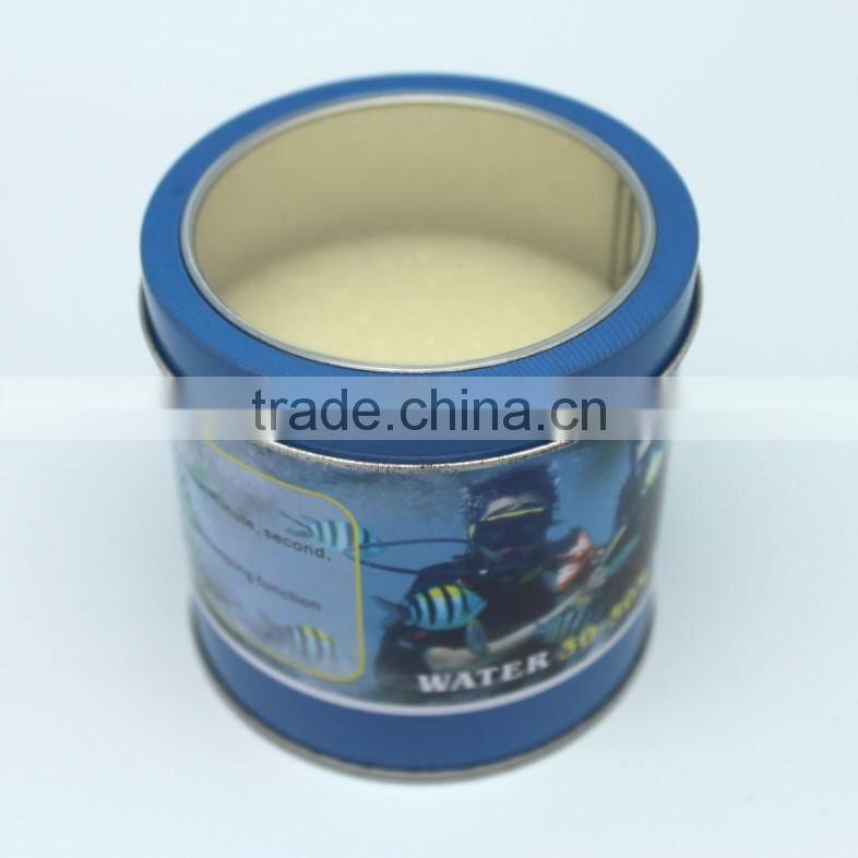 Wholesale with PVC window lids ponge inside logo and color printing round tin can manufacturer