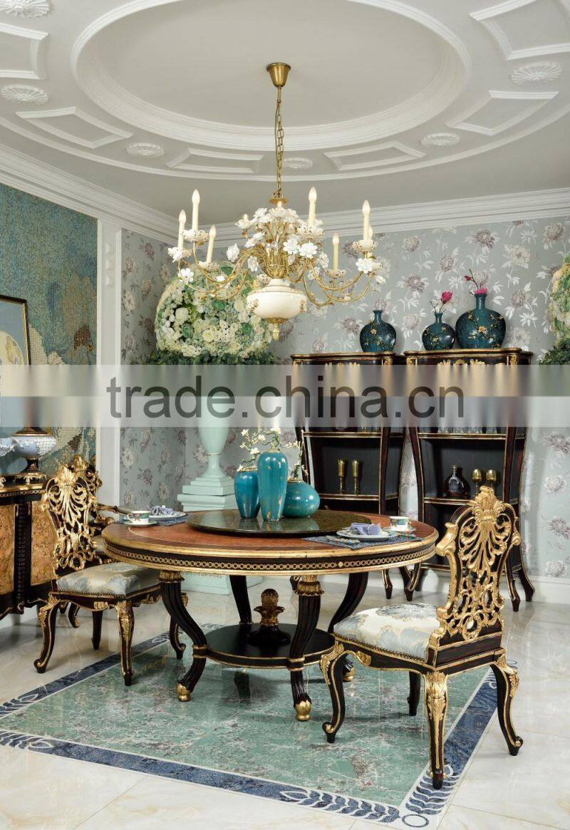 European Hand Carved Gold Plated Veneer Round Dining Table With Chairs(MOQ=1 SET)