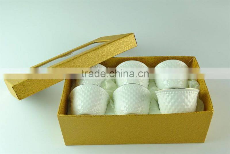 White ceramic tea cup with embossing and golden line for wholesale 6 pcs/set,with color box paking.