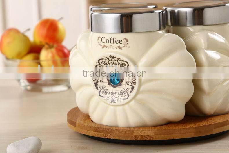 ceramic canister set with turntable bamboo stand