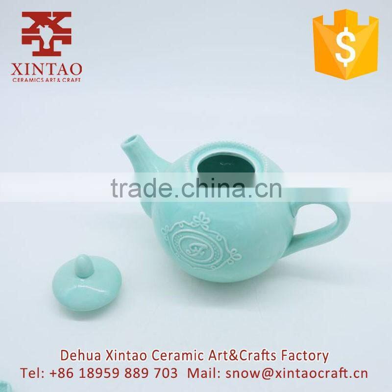 Blue elegant porcelain embossed flower ceramic tea pot