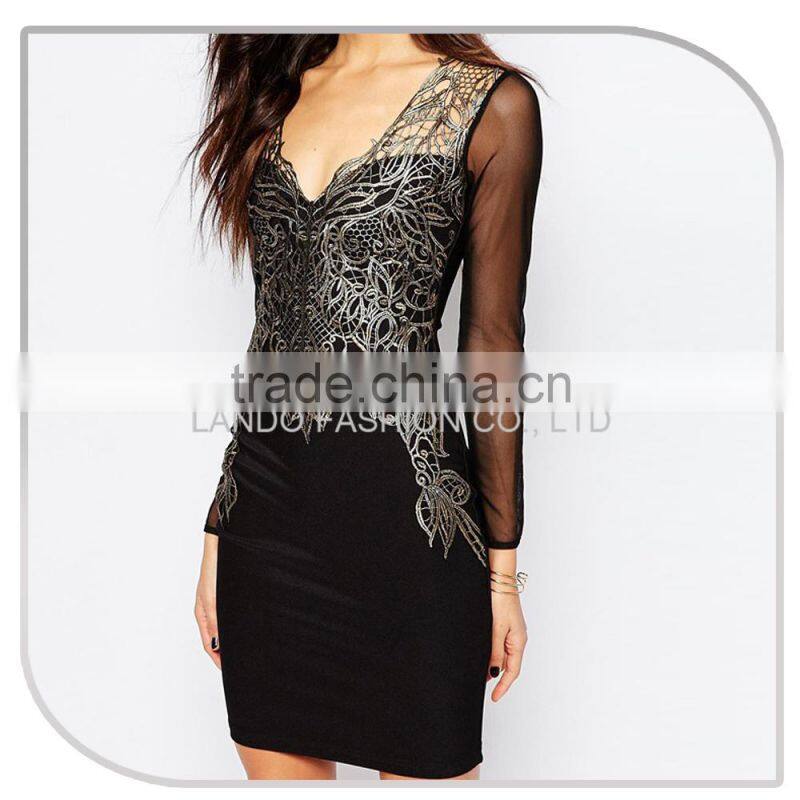 2016 long sleeve one-piece Dress With Silver Lace Appliqued sexy girl bodycon dress