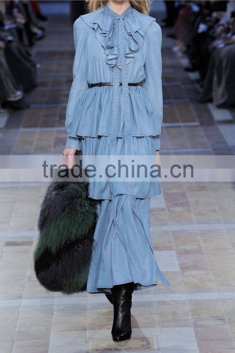 Latest Ruffled Tiered Tencel-chambray Long Sleeve Maxi Dress Names Of Ladies Drsses Designs Photos 2016 HSD5675