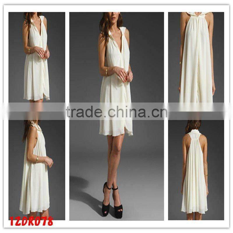 12DR156Summer Hot Seling Latest Design Frill Neck Jersey Blue Dress