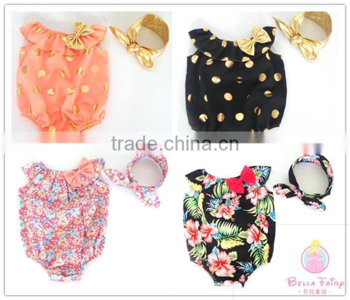 Summer Baby Clothes Romper and headbands set Bow Baby Girls Onesie