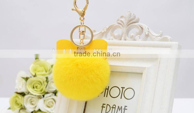 Sweety cute koreal style rex rabbit fur balls keychain with bowknot leather keychain