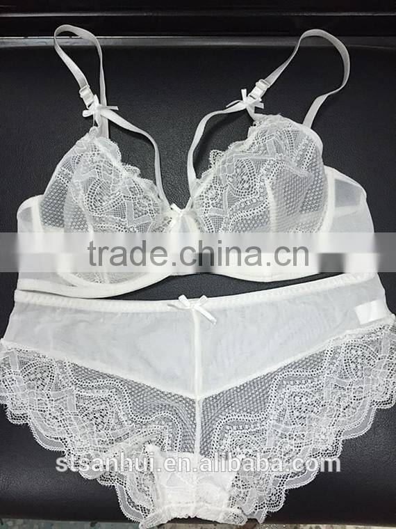 New design young ladies white embroidered blue bow bra and panty set
