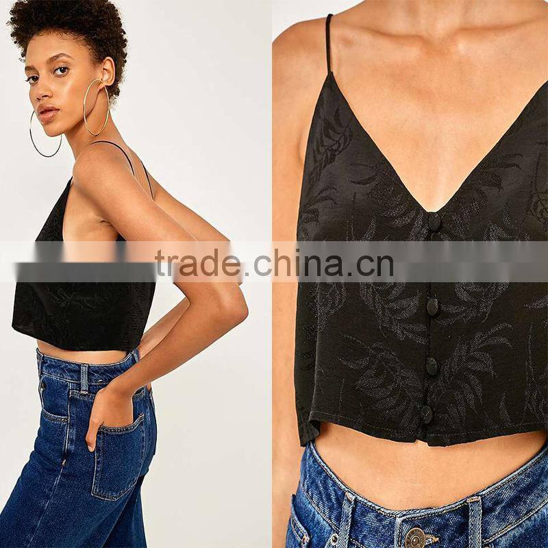 Jacquard low cut spaghetti straps cropped cami womens tank top with buttons