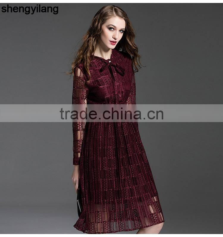 Ladies maroon dark green hollowed lace 100% polyester dress