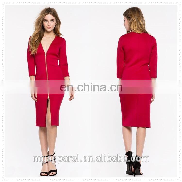 china fashion cheap sexy 3/4 sleeves zip front midi bodycon dress for women