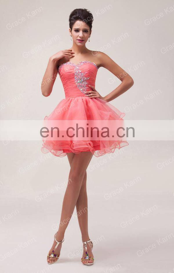 Grace Karin Strapless Watermelon Red Beaded Cocktail Dresses Short CL6077-1