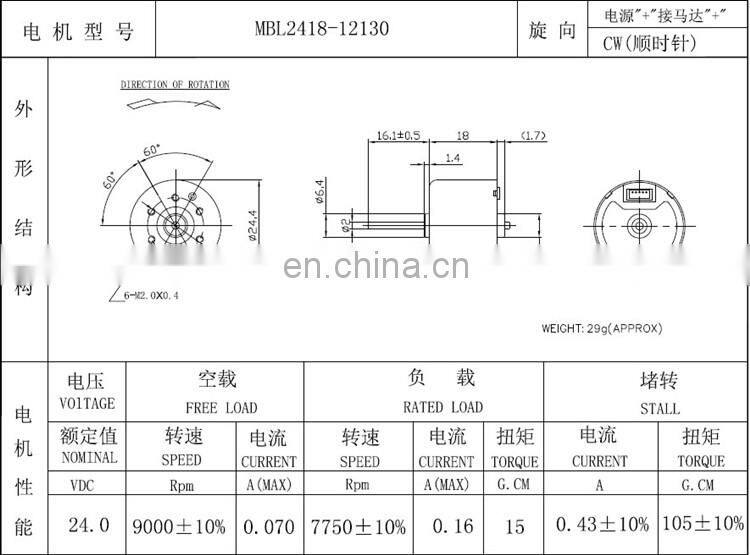 chihai motor CHR-2418BLDC-310 high speed 24V micro brushless dc motor for Robot, electronic lock