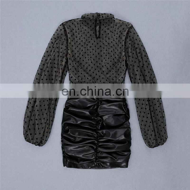 stand neck mesh dot synthetic leather skirt Long Sleeve Sexy Swear Club Wear Tight Wear