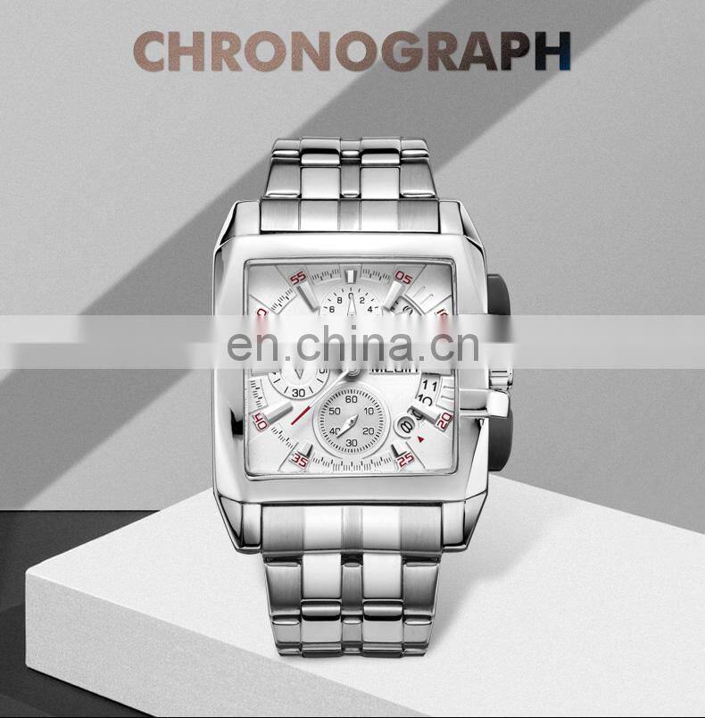 Megir 2018 Men's Square Stainless Steel Calendar Quartz Sport Military Chronograph Wristwatch Relogio Masculino