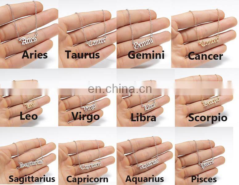 Vintage Gold Silver Stainless Steel 12 Zodiac Sign English Letter Necklace For Women Birthday Jewelry Gift