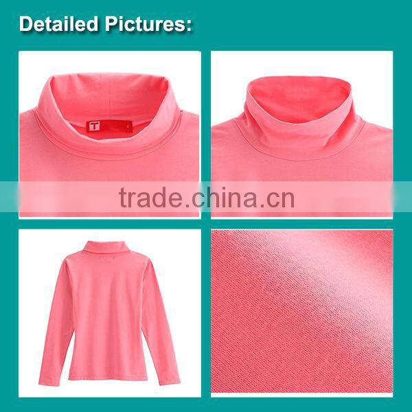 2014 Fashion Highneck Bulk Plain T-shirts for Women with High Quality / Pink Color / Long Sleeve