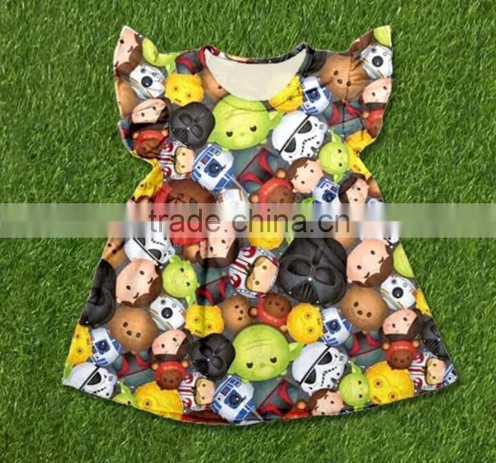 Latest style frozen elsa print girls summer dresses flutter sleeve dress for baby girl childrens boutique clothing dress