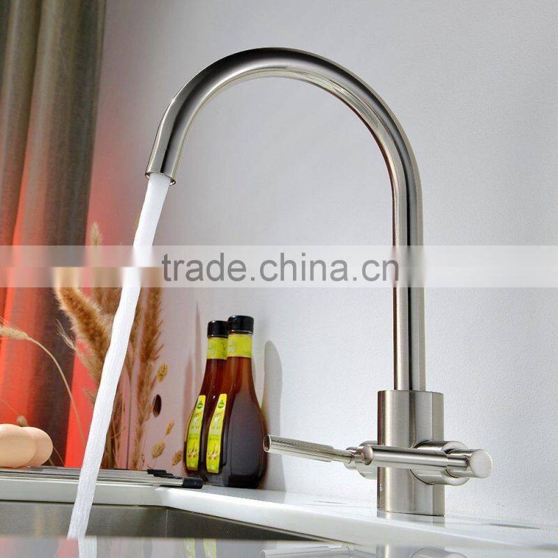 Commercial Double Handles Brushed Kitchen Mixer Taps, Swivel Spout Sink Kitchen Taps