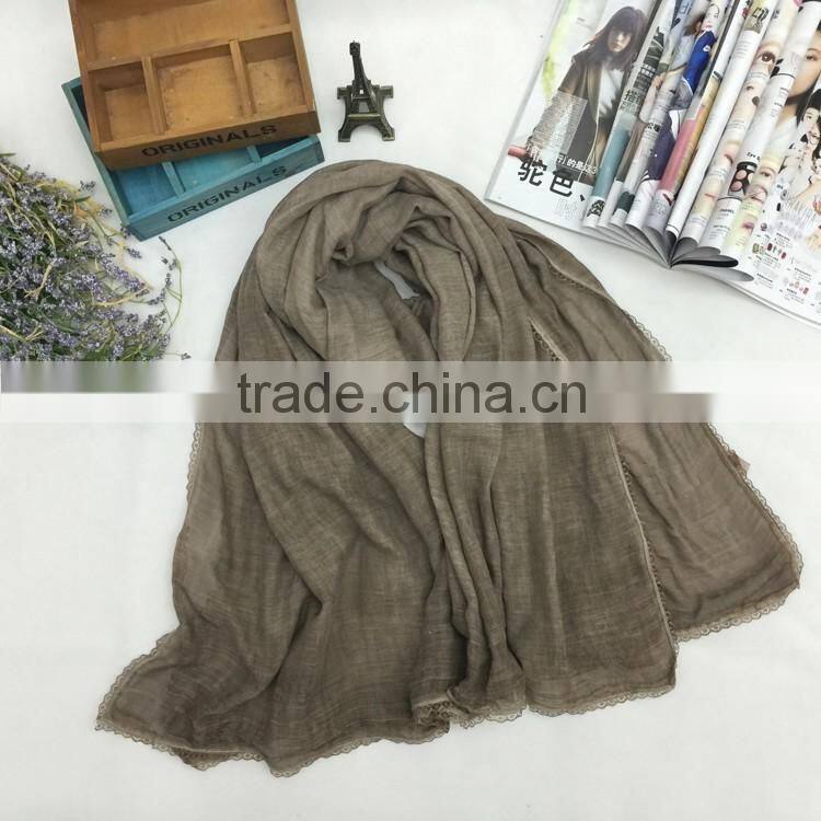 Wholesale Long Large Lace Brim Plain Cotton Linen Scarf Fashion Hijab 2016