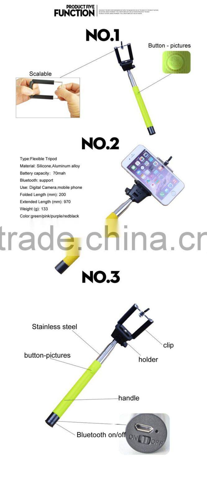 Color monopod selfie stick with bluetooth shutter button remote