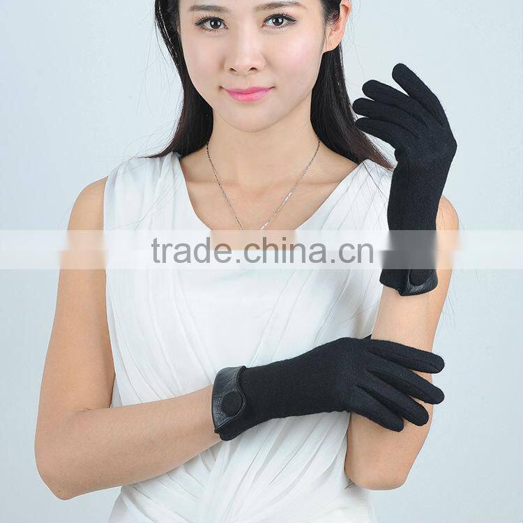 womens unlined classical button woolen gloves with leather cuff