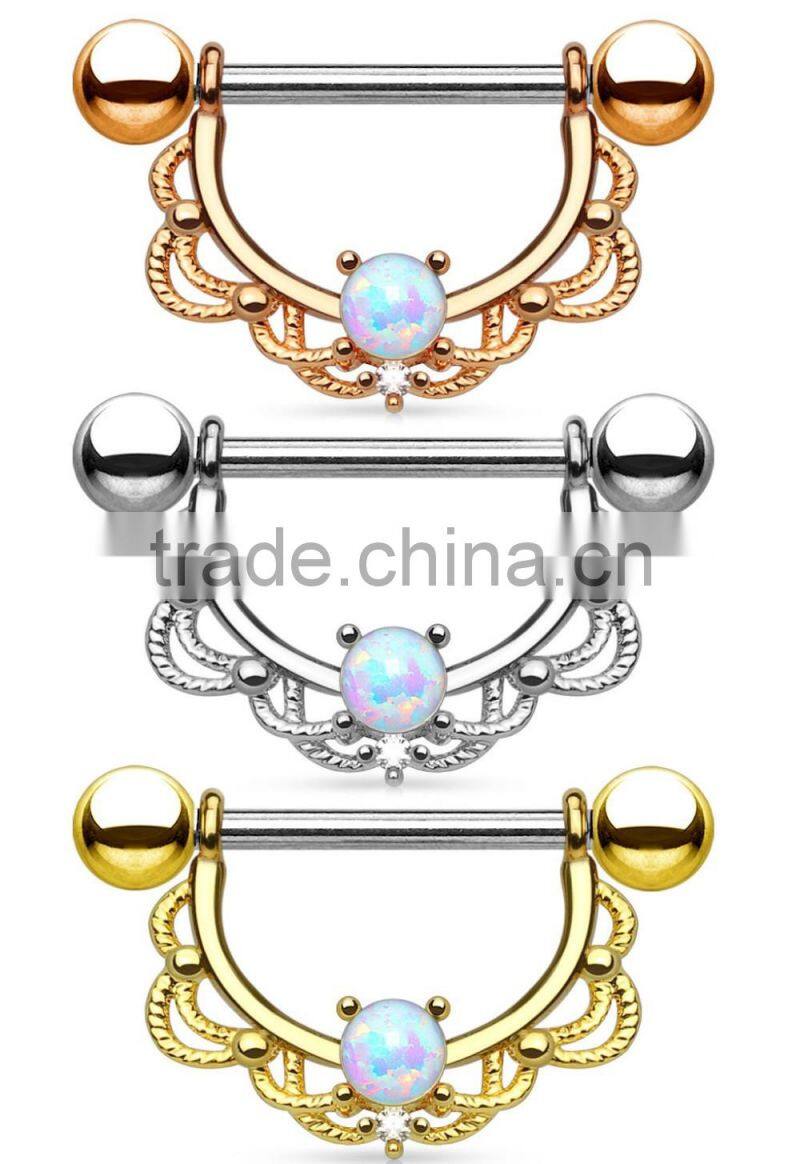 Opal Center Filigree Drop Nipple Clickers Shields Rings