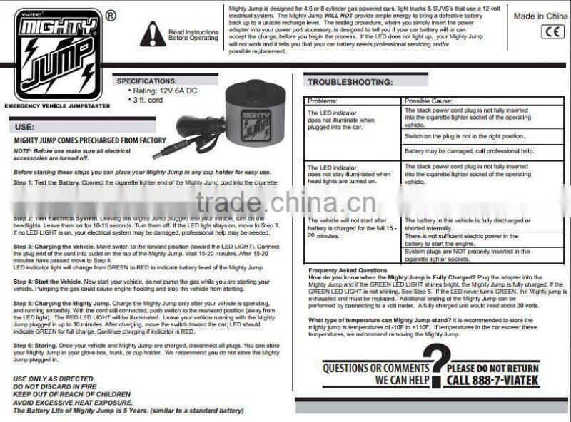 12V/1.5A input mini portable car jump starter