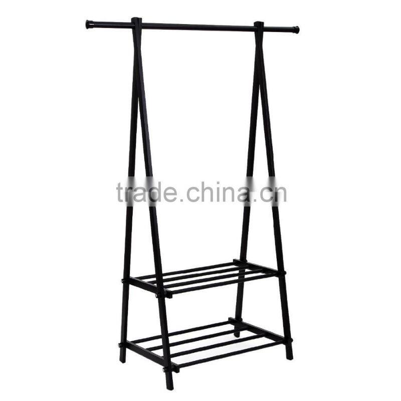 Black Metal Coat Hat Rack 2-tier Garment Drying Rack Clothes Shoe Organizer