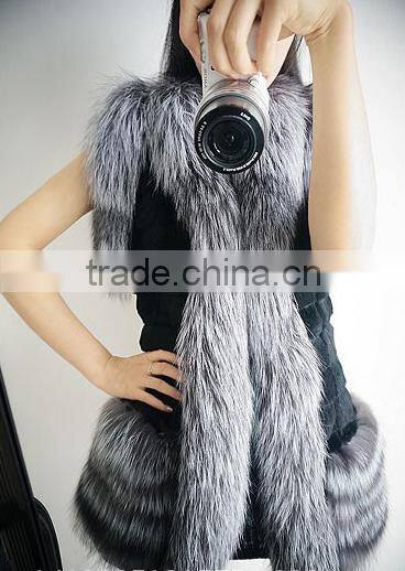 factory price koreal style long silver fox fur trim rabbit fur vest