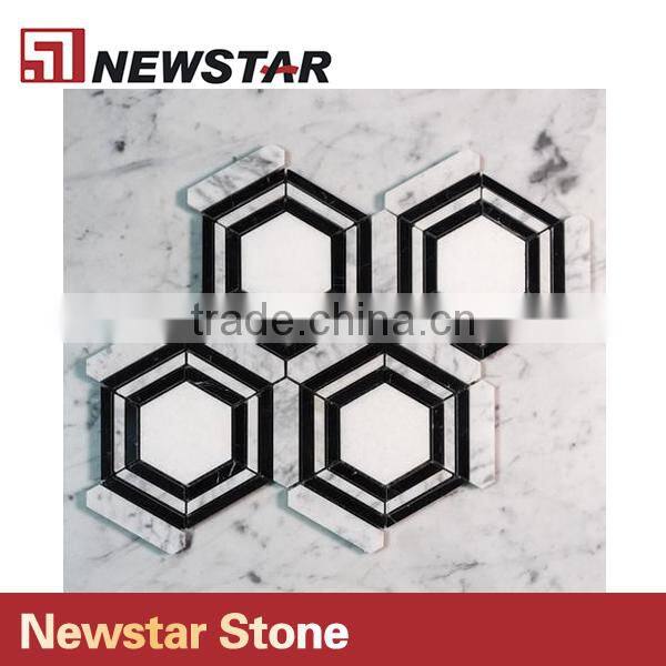 Newstar Polished Italian Black and White Marble Hexagon Mosaic Patterns Tile
