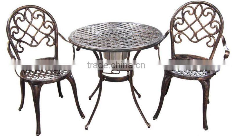 Manufacturer supply the cast Aluminum garden metal bistro set garden metallic table and chair for hot sale