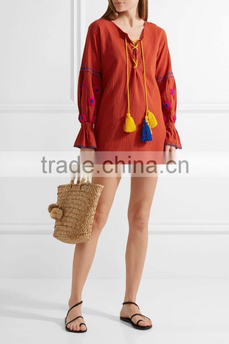 Bohemian Clothing Boho Mexican Peasant Embroidered Crinkled Cotton Mini Dresses With Pompom HSD5939