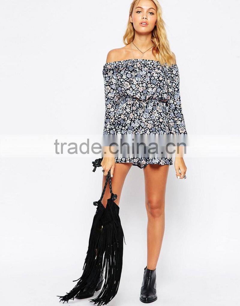 2015 fashionable hot sale OEM customized Off Shoulder Romper with Flutter Sleeves in Pretty Floral Print