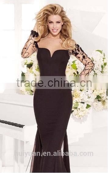 elegant full length A-line backless long sleeve black evening dresses