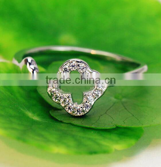 Spritual charm accessory Lucky Clover design top zircon diamond sterling 925 silver open ring