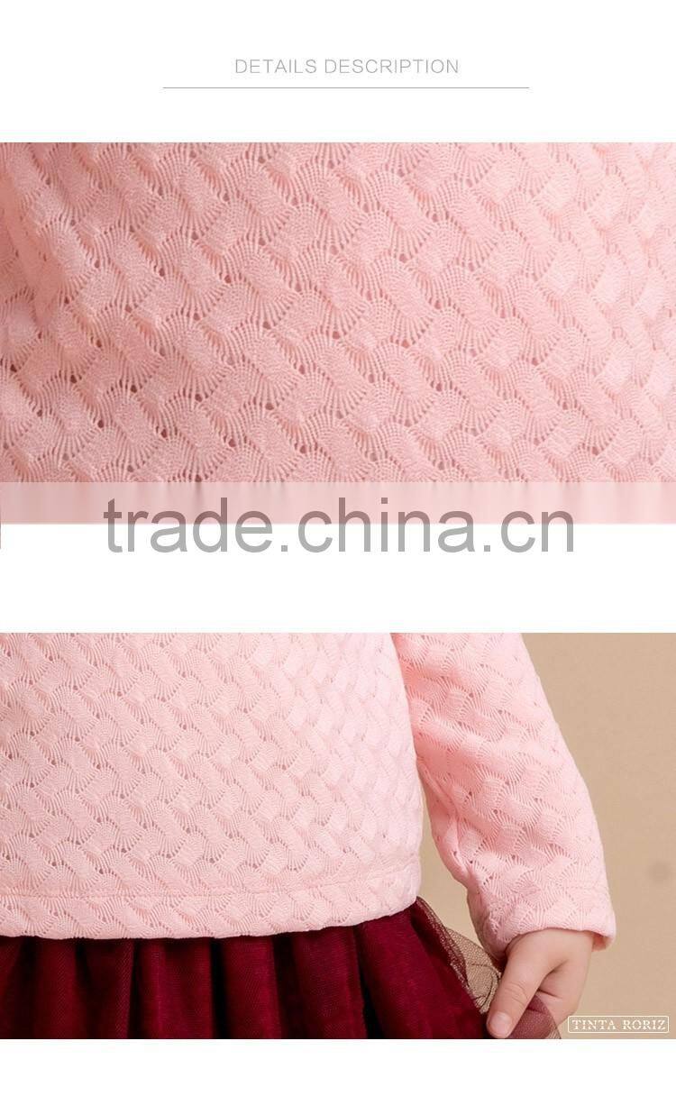 Winter Girls Knitted t Shirt Decorated With Lace And Pearl Around Neck Kids Long Sleeve Clothes