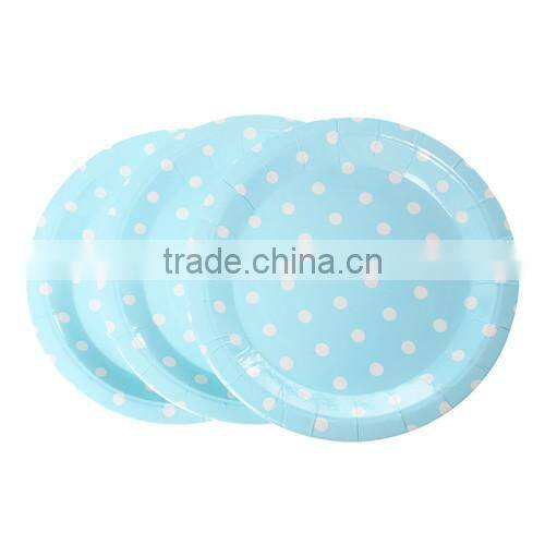 Skyblue Dot Pattern Round Paper Food Plates 23.0cm