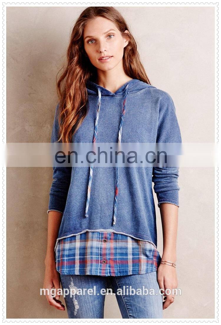 china wholesale women clothes layered plaid cotton jersey hoodie with flannel trim manufacturers