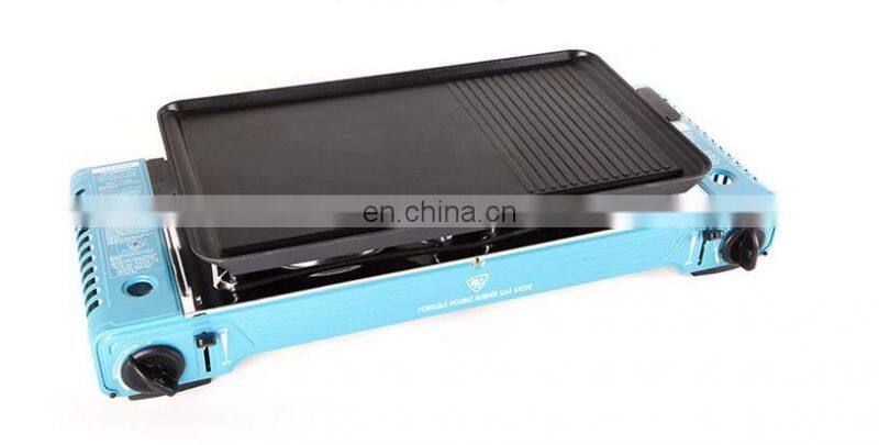 Portable gas stove 2 burner / indoor & outdoor commercial use / safety push gas control knob / stainless steel top