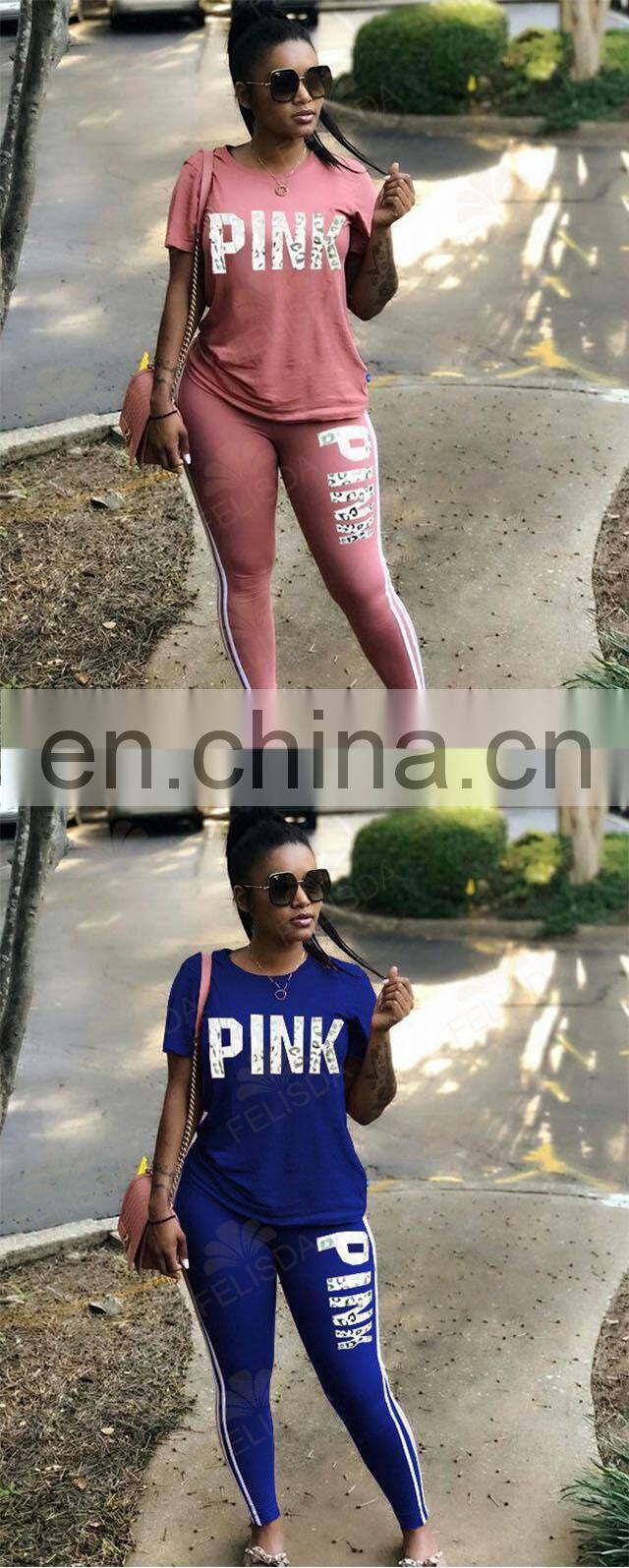 Custom Pink Letter Print Sweatsuit Women Set Plus Size Set Short Sleeve Tops Skinny Pant Tracksuit Fall Casual 2 Piece Set