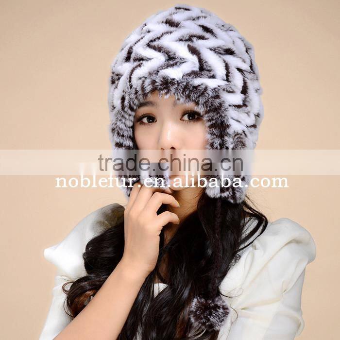 excellent quality colorful rabbit fur thread earflap hat with long string flower ball